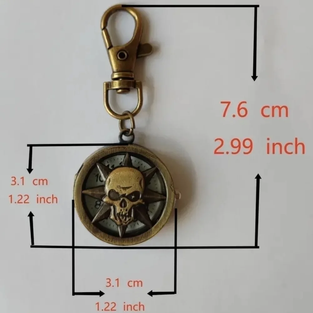 New Cartoon Skull Engraved Pocket Watch Hollow Vintage Bronze Keychain